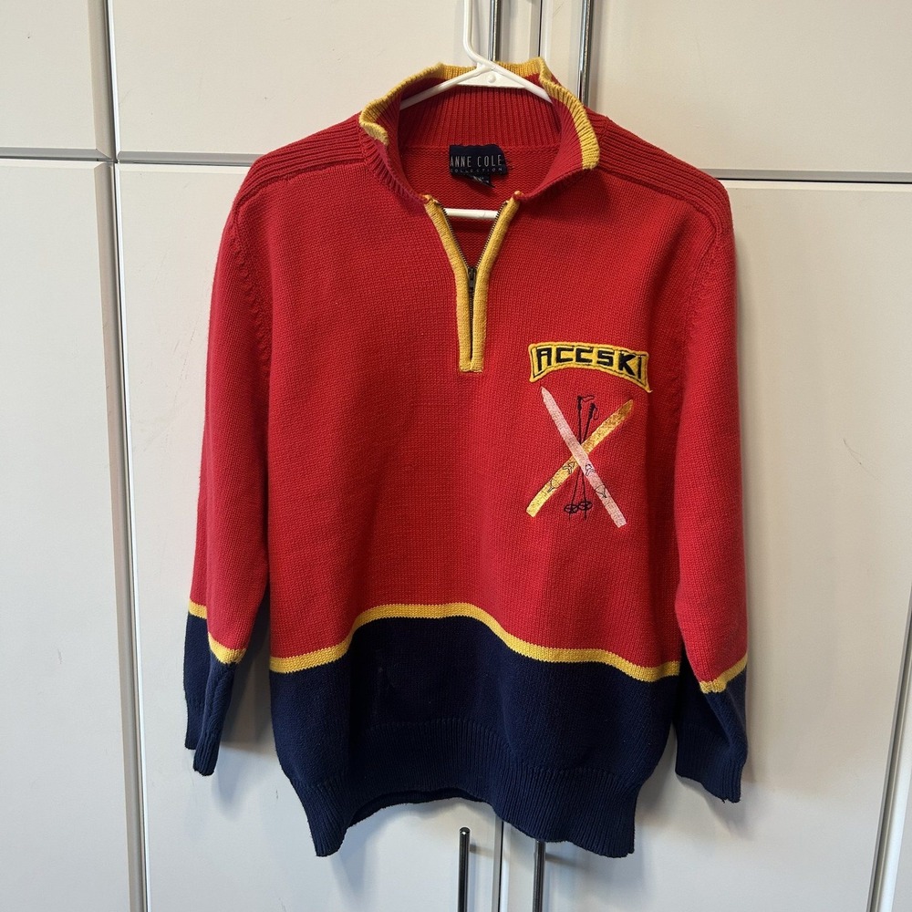 Anne Cole Collection Vintage Ski Sweater Red Navy Yellow 1/4 Zip Cotton Large